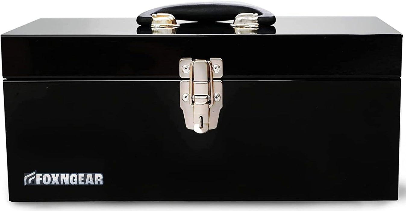 black metal tackle box FOXNGEAR 16" Heavy-Duty Steel Toolbox – Black
