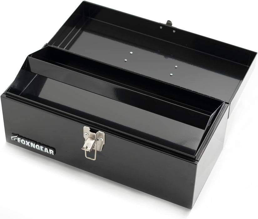 black metal tackle box FOXNGEAR 16" Heavy-Duty Steel Toolbox – Black