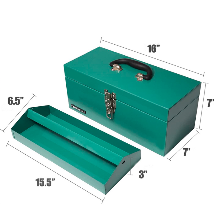 Foxngear Heavy-duty 16" Portable Metal Toolbox with Hand Carry-Teal